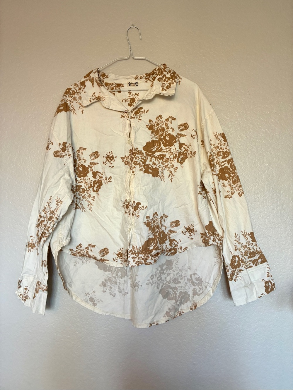 Free People Intimately 100% Cotton Cream Brown Floral Button-Down Sleep Shirt